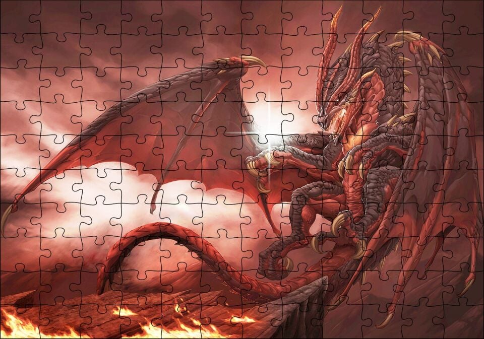 Alevler İçindeki Gemi ve Ejderha Puzzle Yapboz MDF Ahşap