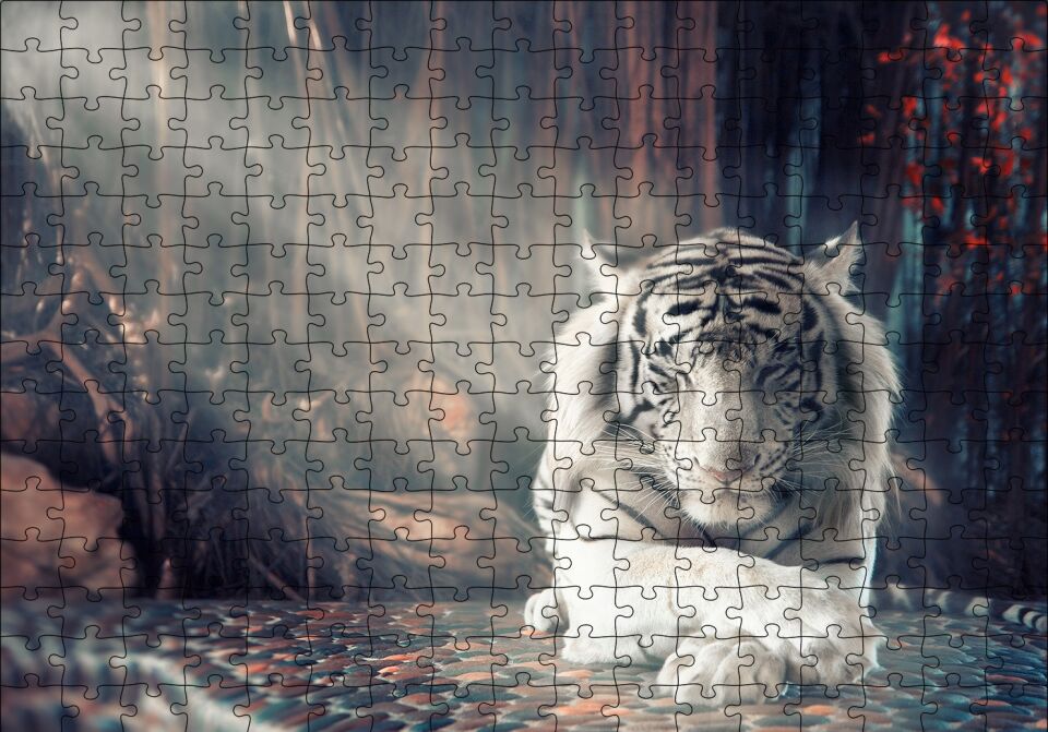 Ormanda Uyuyan Beyaz Kaplan ve Güneş Işıkları Puzzle Yapboz MDF Ahşap 255 Parça 34 cm X 49 cm