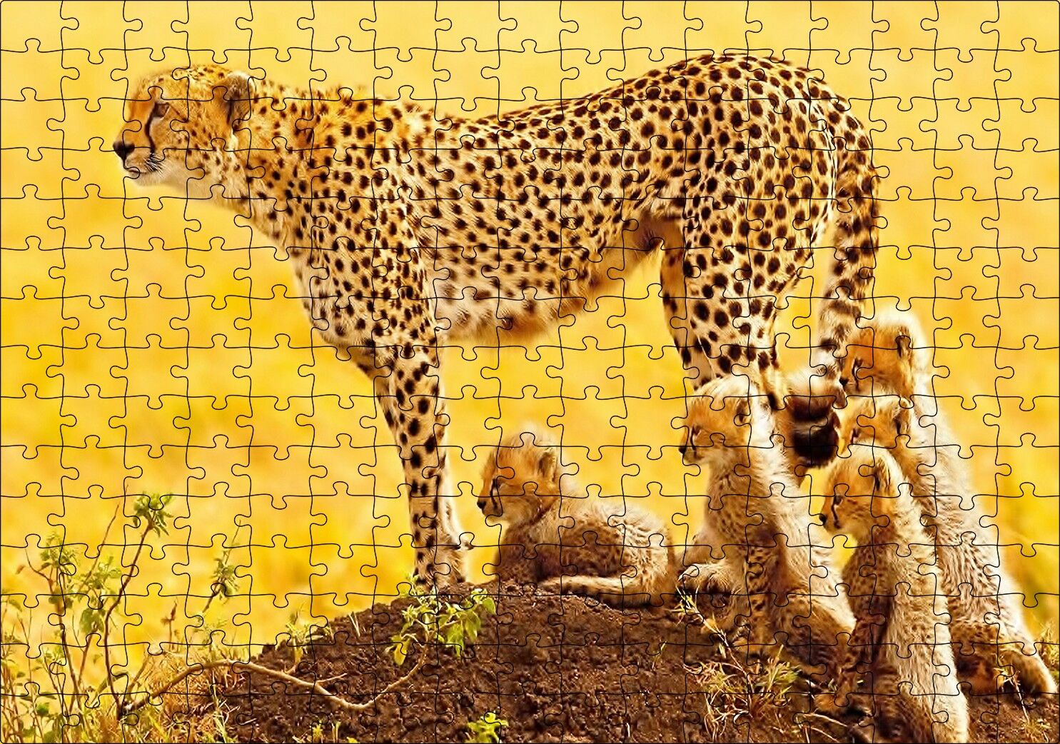 Atletik Çita ve Sevimli Yavruları Puzzle Yapboz MDF Ahşap 255 Parça 34 cm X 49 cm