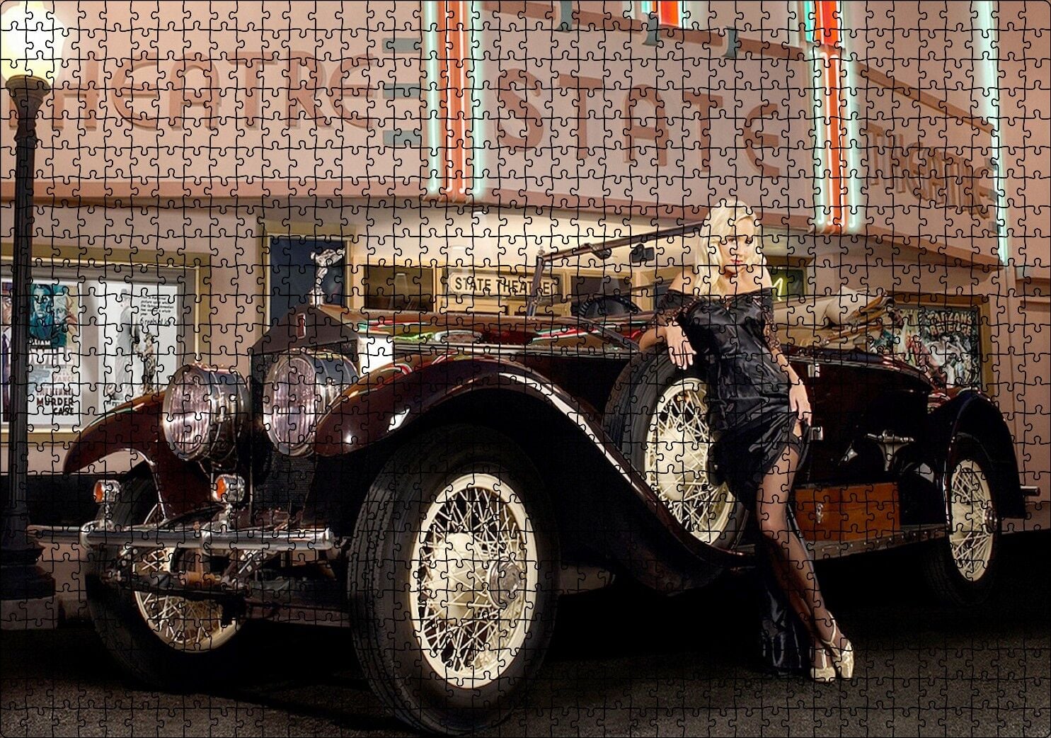 Klasik Araba Güzel Kadın Film Afişi Puzzle Yapboz MDF Ahşap 1000 Parça 49 cm X 68 cm
