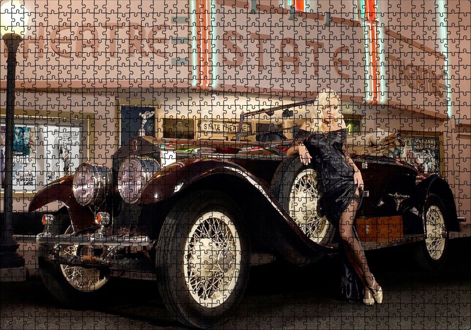 Klasik Araba Güzel Kadın Film Afişi Puzzle Yapboz MDF Ahşap 1000 Parça 49 cm X 68 cm