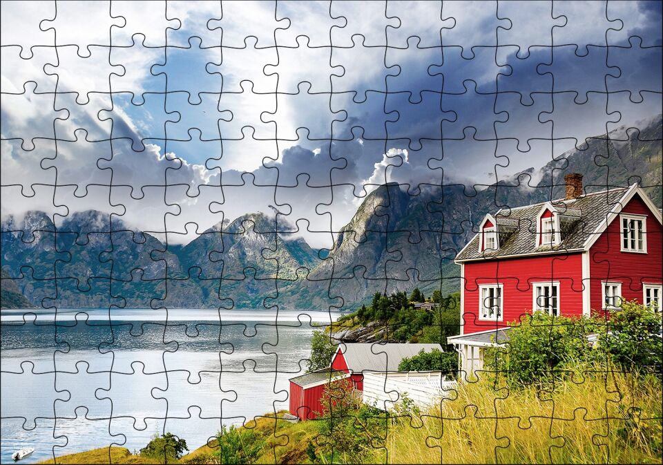Norveç Dağ Göl Evi Puzzle Yapboz MDF Ahşap