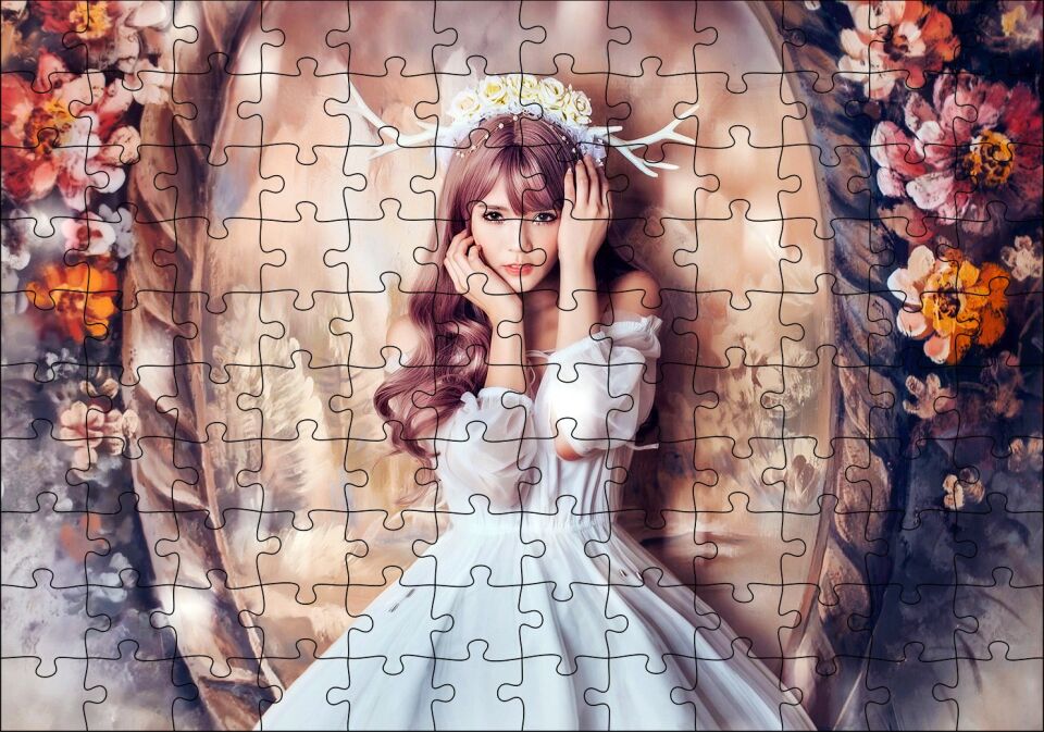 Ayna ve Çiçekler Önünde Beyaz Elbiseli Geyik Boynuzlu Kız Puzzle Yapboz MDF Ahşap 120 Parça 24 cm X 34 cm