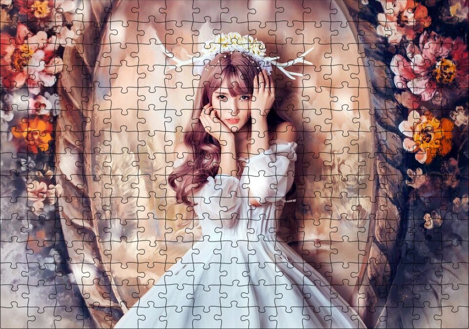 Ayna ve Çiçekler Önünde Beyaz Elbiseli Geyik Boynuzlu Kız Puzzle Yapboz MDF Ahşap 255 Parça 34 cm X 49 cm