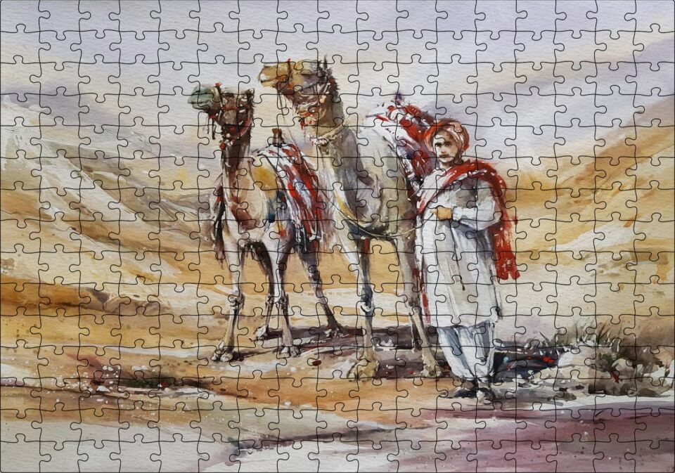Çölde İki Deve ve Rehber Puzzle Yapboz MDF Ahşap 255 Parça 34 cm X 49 cm