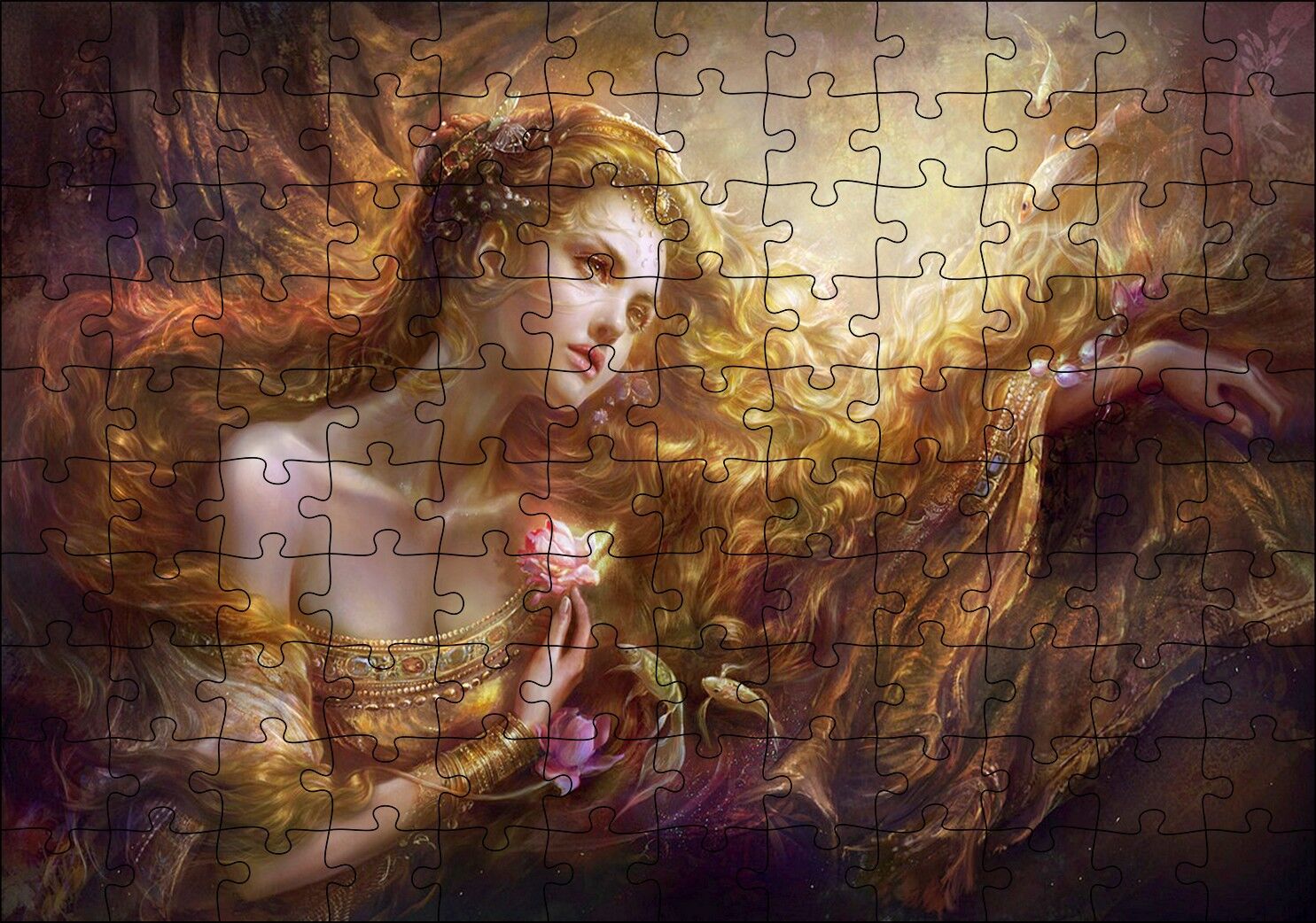 Bakır Saçlı Kadın Balıklar ve Kırmızı Gül Puzzle Yapboz MDF Ahşap