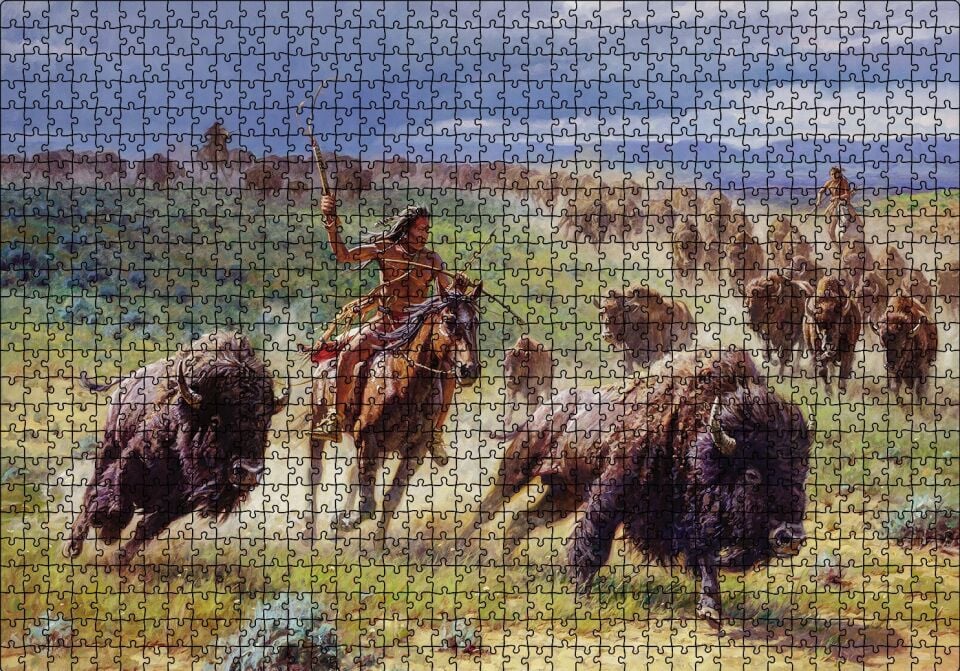 Buffolo Avcısı Kızılderililer Puzzle Yapboz MDF Ahşap 1000 Parça 49 cm X 68 cm