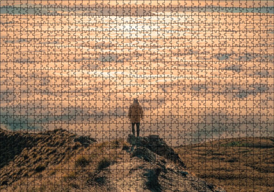 Kayalar Üstündeki Adam ve Bulutlar Puzzle Yapboz MDF Ahşap 1000 Parça 49 cm X 68 cm