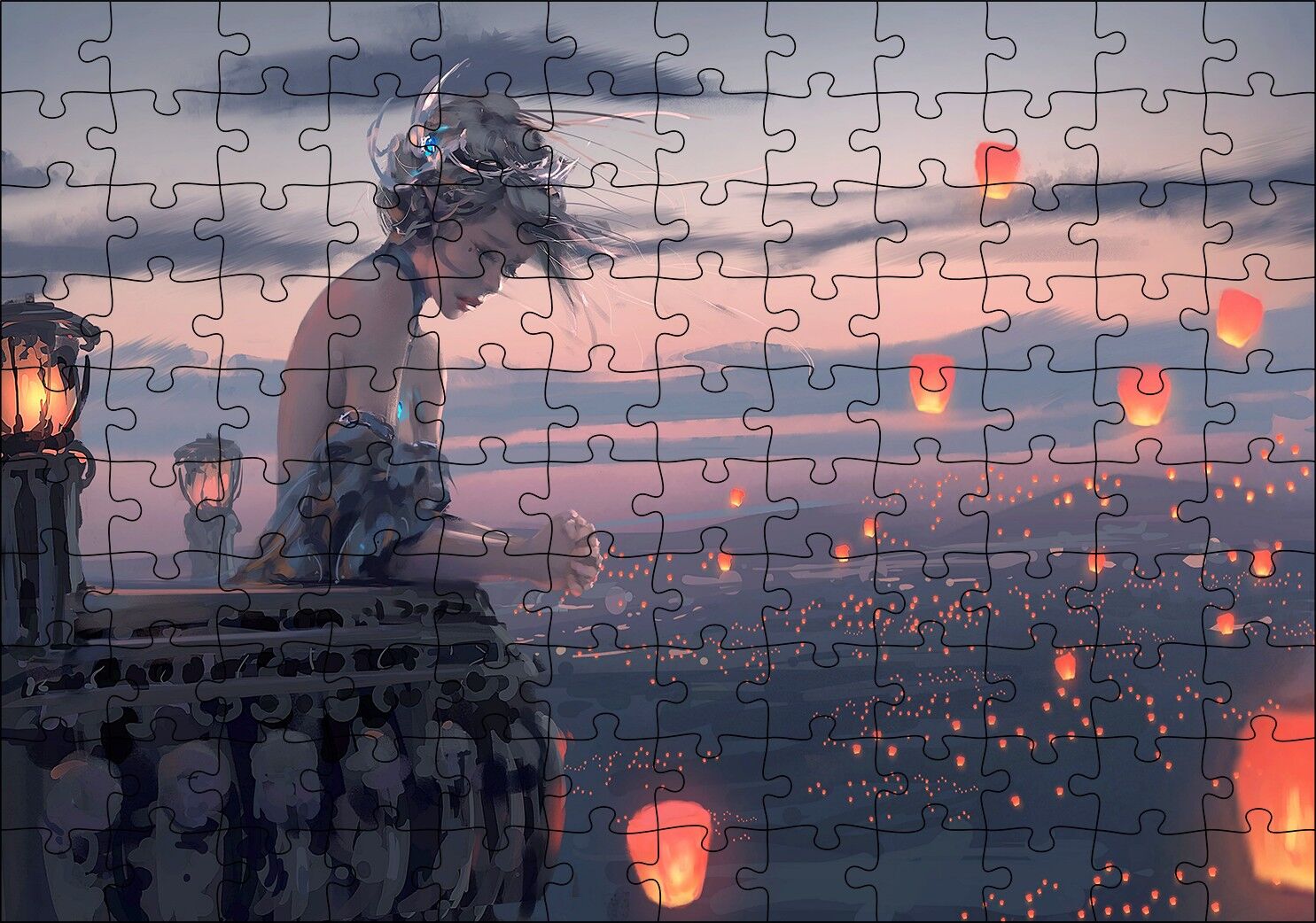 Balkonda Anime Karakteri Kız ve Dilek Ateşleri Puzzle Yapboz MDF Ahşap