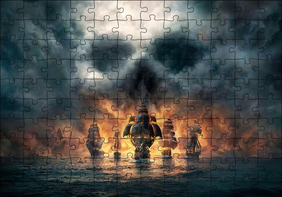 Deniz Savaşı Alevler İçinde Gemiler Puzzle Yapboz MDF Ahşap 120 Parça 24 cm X 34 cm