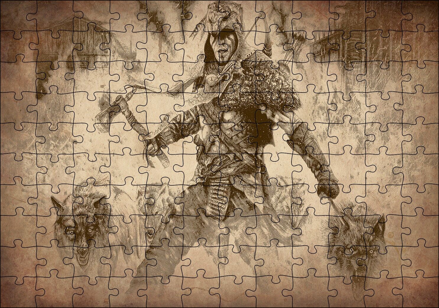 Baltalı Savaşçı ve Kurtları Puzzle Yapboz MDF Ahşap