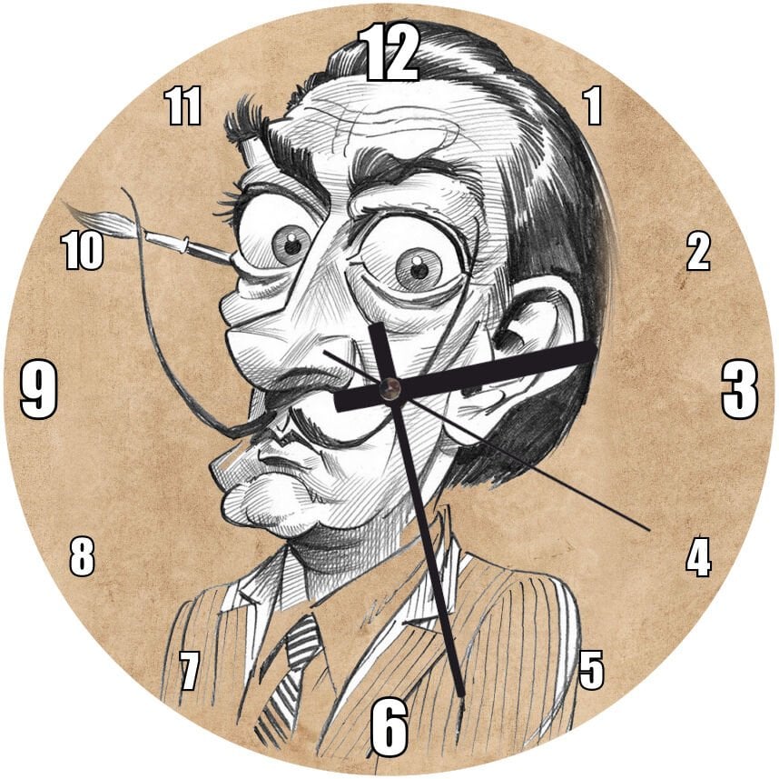 Salvador Dali Karakalem Karikatürize Portre  Mdf Ahşap Duvar Saati 30 cm Çap