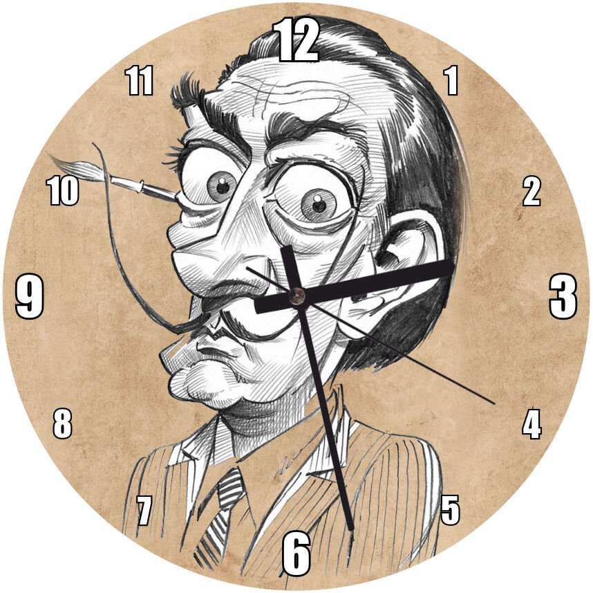 Salvador Dali Karakalem Karikatürize Portre  Mdf Ahşap Duvar Saati 50 cm Çap
