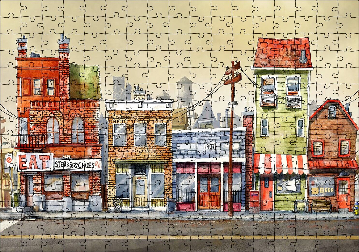 Sokakta Binalar ve Dükkanlar Karikatürize Puzzle Yapboz MDF Ahşap 255 Parça 34 cm X 49 cm