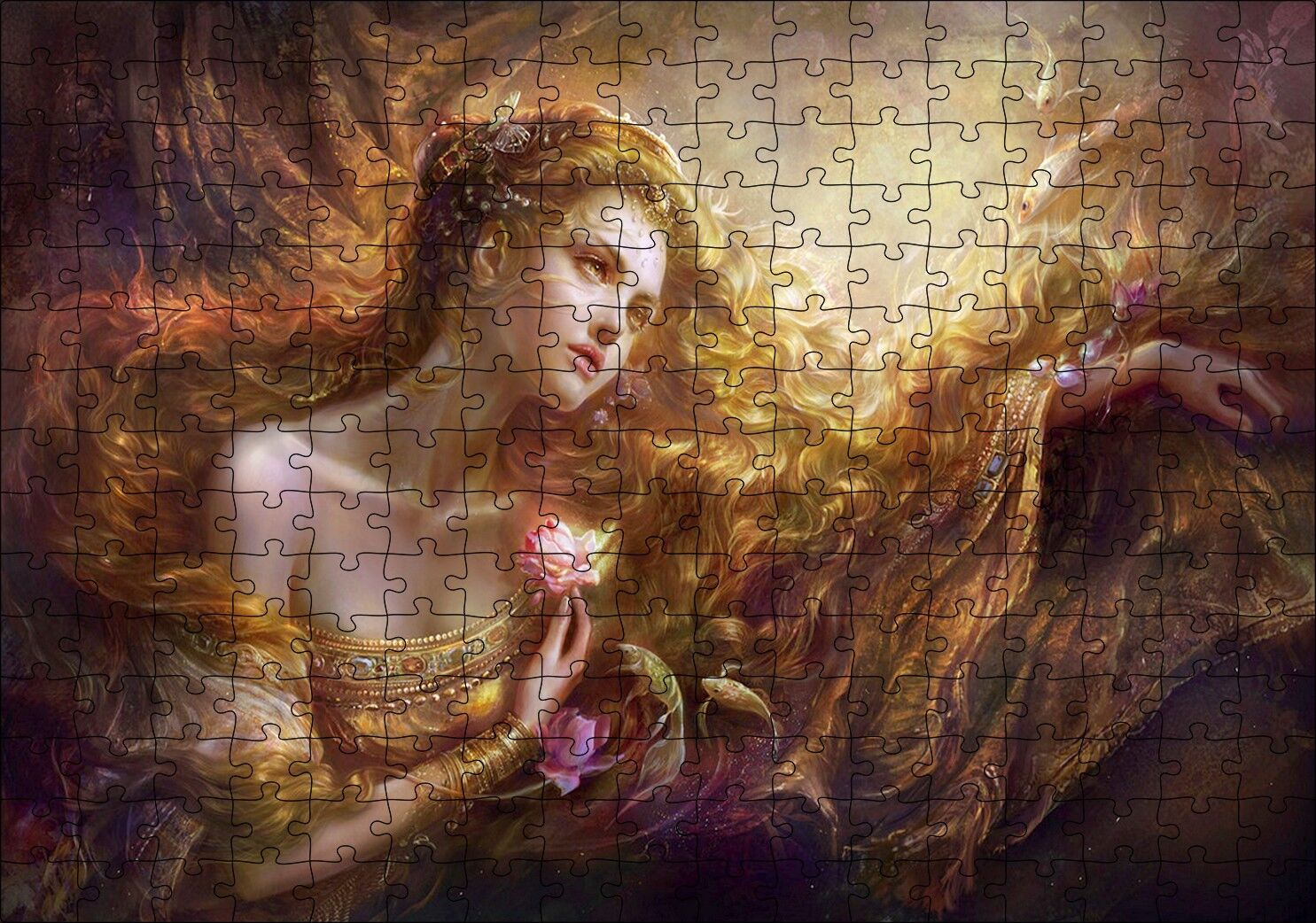 Bakır Saçlı Kadın Balıklar ve Kırmızı Gül Puzzle Yapboz MDF Ahşap 255 Parça 34 cm X 49 cm