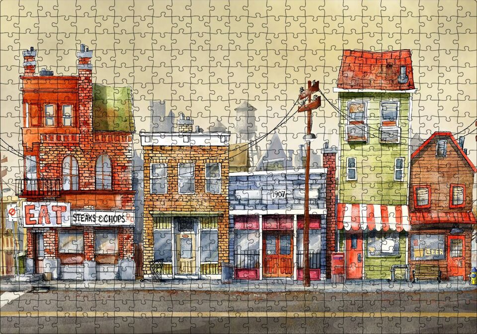 Sokakta Binalar ve Dükkanlar Karikatürize Puzzle Yapboz MDF Ahşap 500 Parça 49 cm X 68 cm
