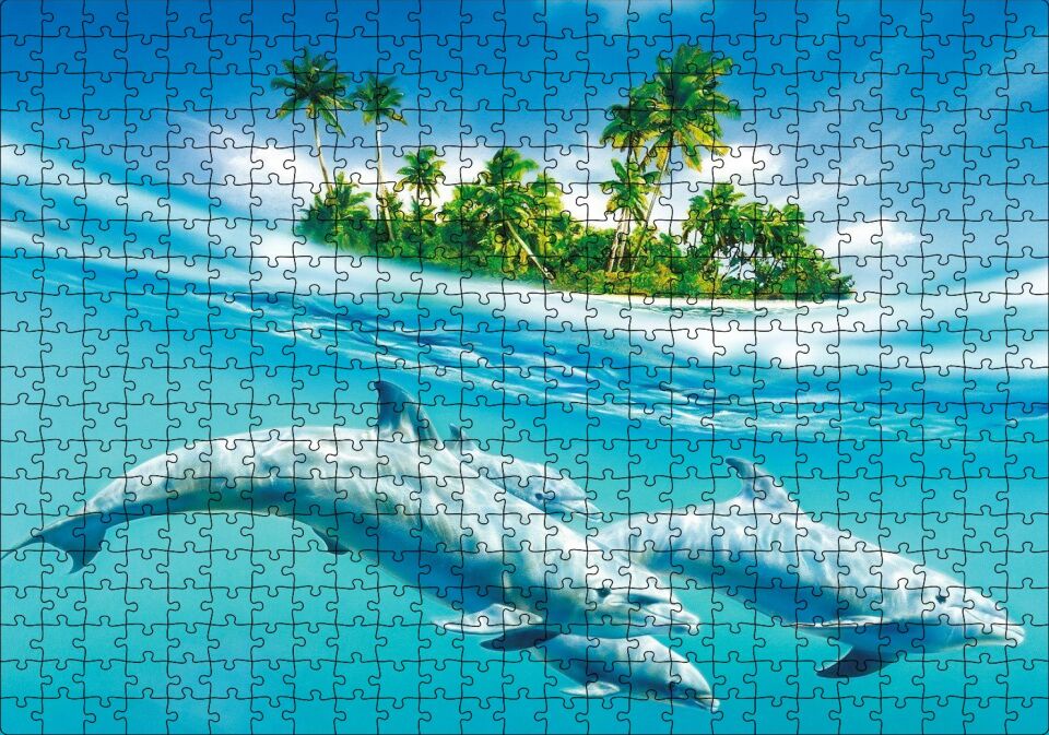 Tropik Ada ve Berrak Sulardaki Yunuslar Puzzle Yapboz MDF Ahşap 500 Parça 49 cm X 68 cm