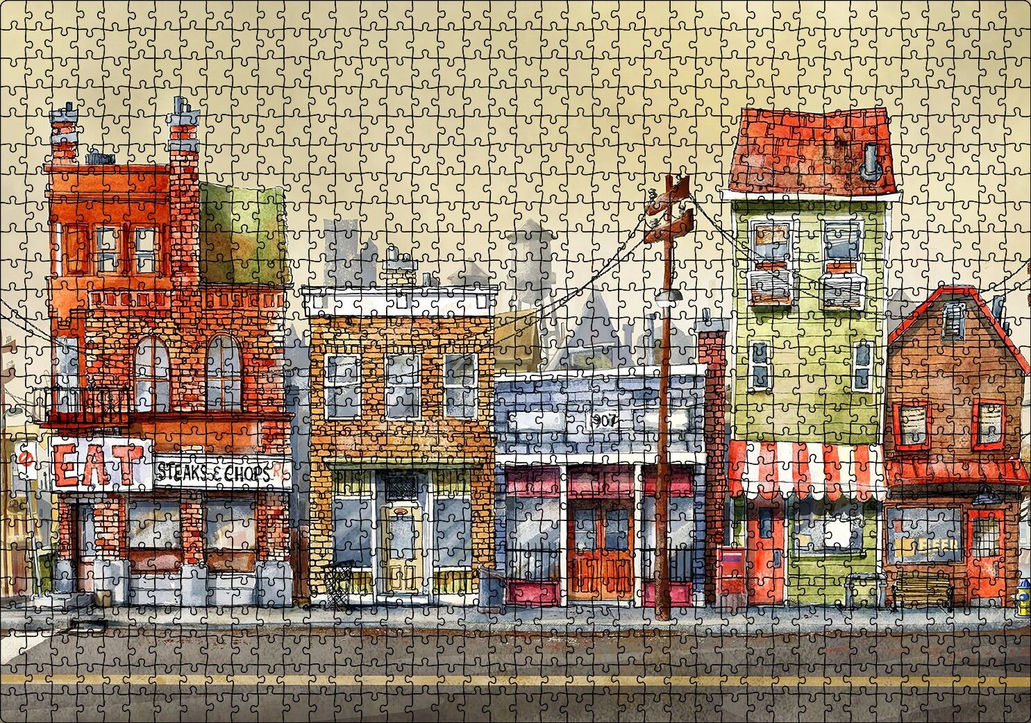 Sokakta Binalar ve Dükkanlar Karikatürize Puzzle Yapboz MDF Ahşap 1000 Parça 49 cm X 68 cm