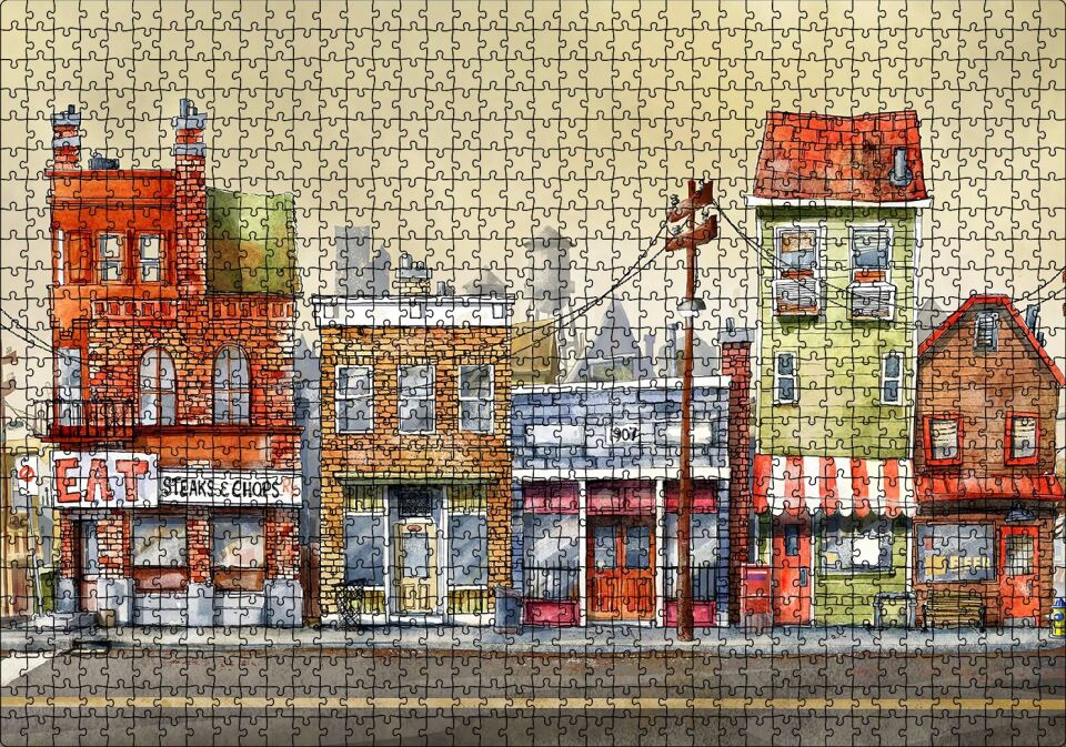 Sokakta Binalar ve Dükkanlar Karikatürize Puzzle Yapboz MDF Ahşap 1000 Parça 49 cm X 68 cm