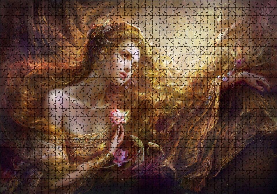 Bakır Saçlı Kadın Balıklar ve Kırmızı Gül Puzzle Yapboz MDF Ahşap 1000 Parça 49 cm X 68 cm