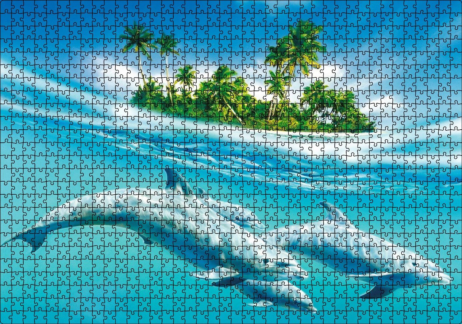 Tropik Ada ve Berrak Sulardaki Yunuslar Puzzle Yapboz MDF Ahşap 1000 Parça 49 cm X 68 cm