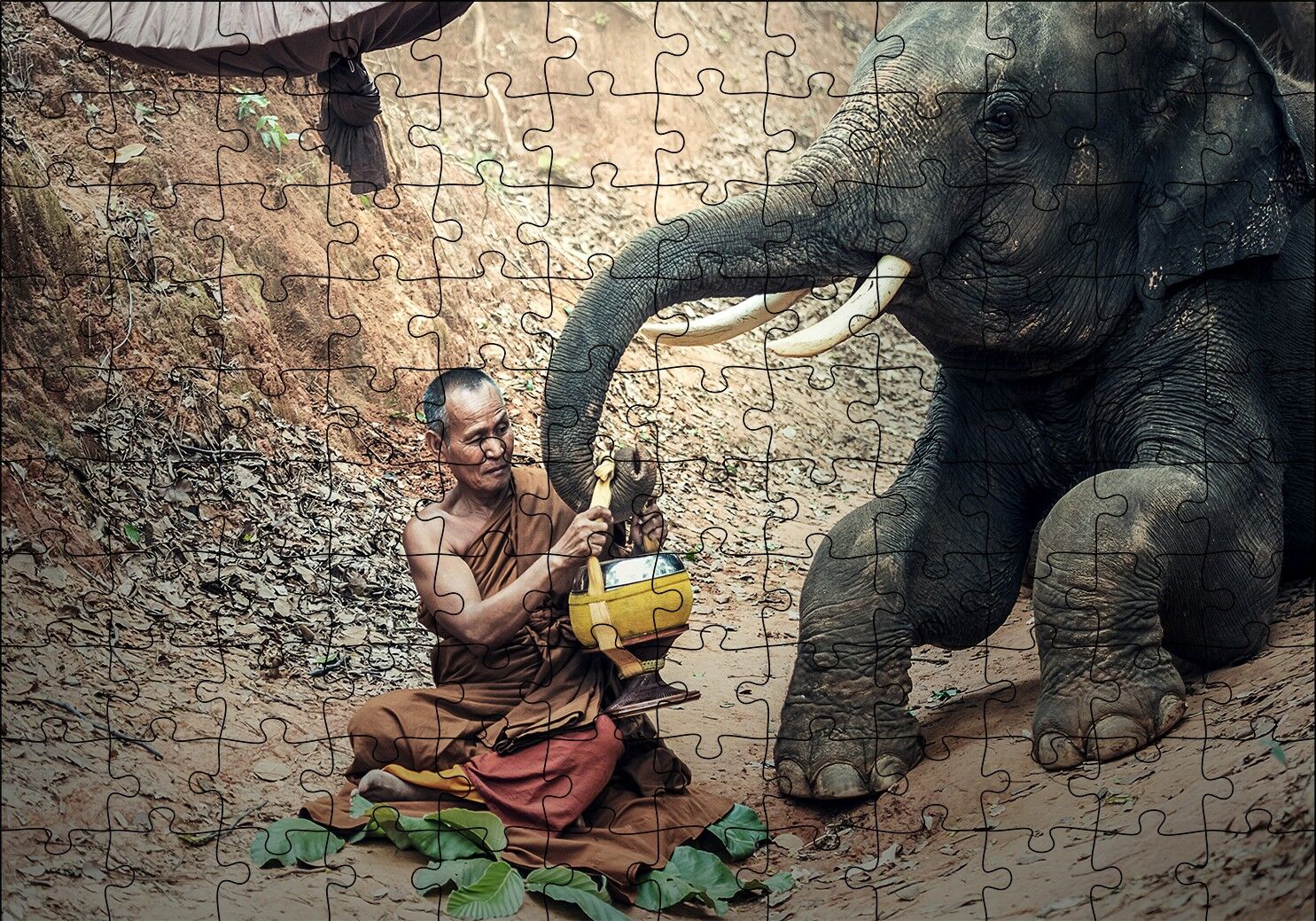 Budist Keşiş ve Fil Puzzle Yapboz MDF Ahşap