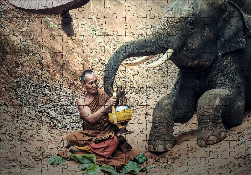 Budist Keşiş ve Fil Puzzle Yapboz MDF Ahşap