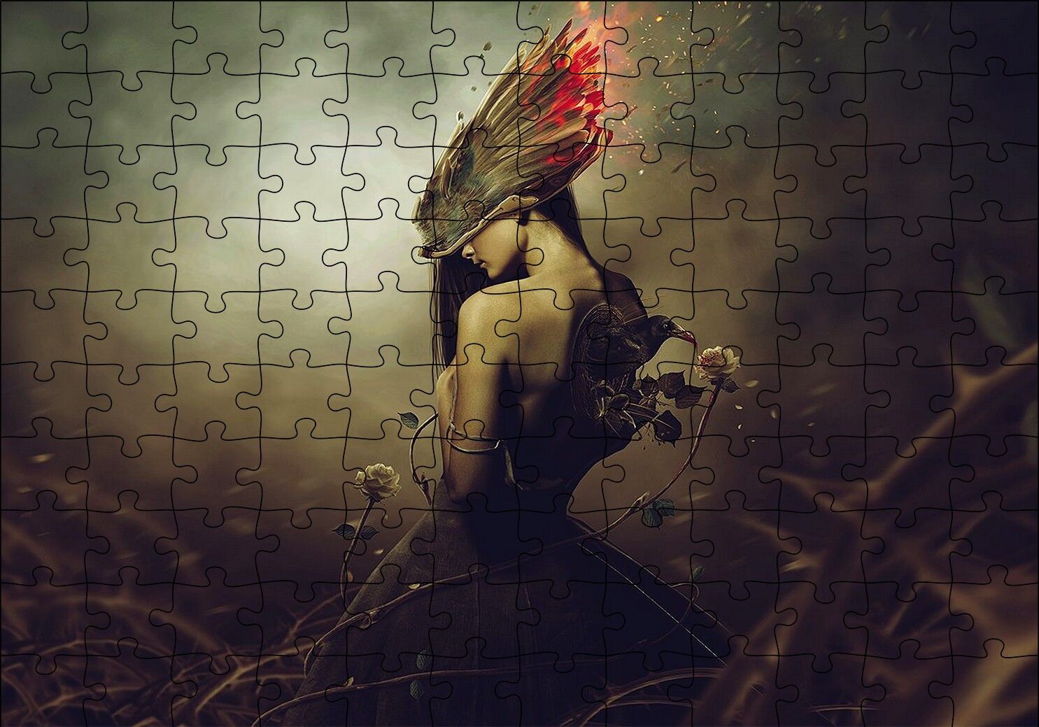 Kadın Karga Kanatlar ve Alevler Kompozisyon Puzzle Yapboz MDF Ahşap 120 Parça 24 cm X 34 cm