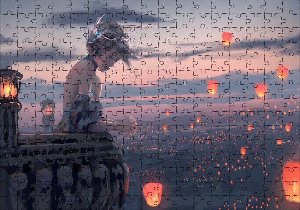 Balkonda Anime Karakteri Kız ve Dilek Ateşleri Puzzle Yapboz MDF Ahşap 255 Parça 34 cm X 49 cm