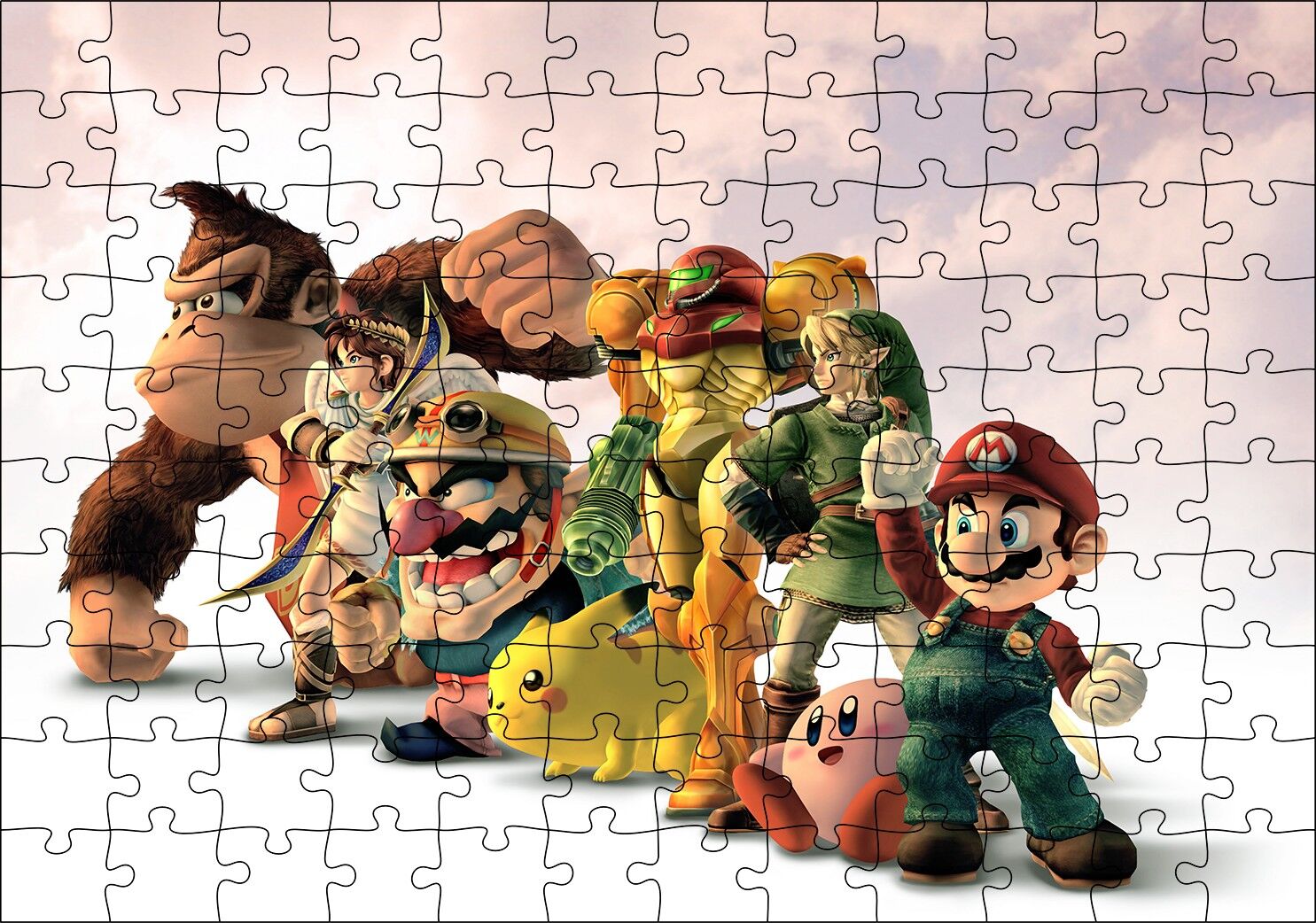 Bilgisayar ve Atari Oyun Karakterleri Bulutlu Arka Plan Puzzle Yapboz MDF Ahşap