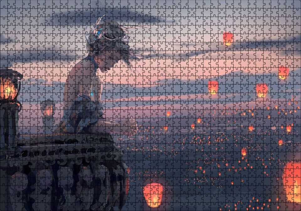 Balkonda Anime Karakteri Kız ve Dilek Ateşleri Puzzle Yapboz MDF Ahşap 1000 Parça 49 cm X 68 cm