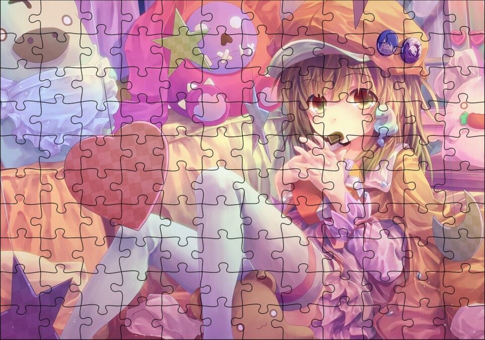 Anime Karakteri Şapkalı Kız ve Oyuncakları Puzzle Yapboz MDF Ahşap