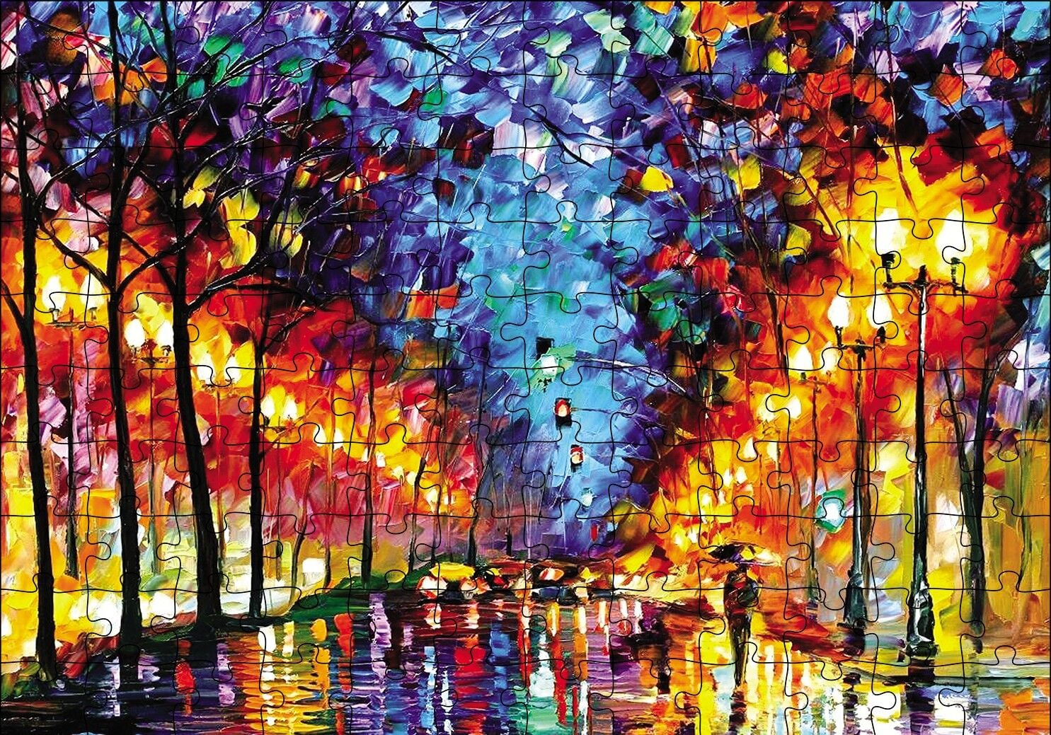 Ağaçlı Yol ve Şemsiyeli Adam Yağlı Boya Puzzle Yapboz MDF Ahşap 120 Parça 24 cm X 34 cm