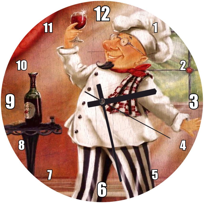 Şarap Tadan Aşçı Figürü  Mdf Ahşap Duvar Saati 30 cm Çap