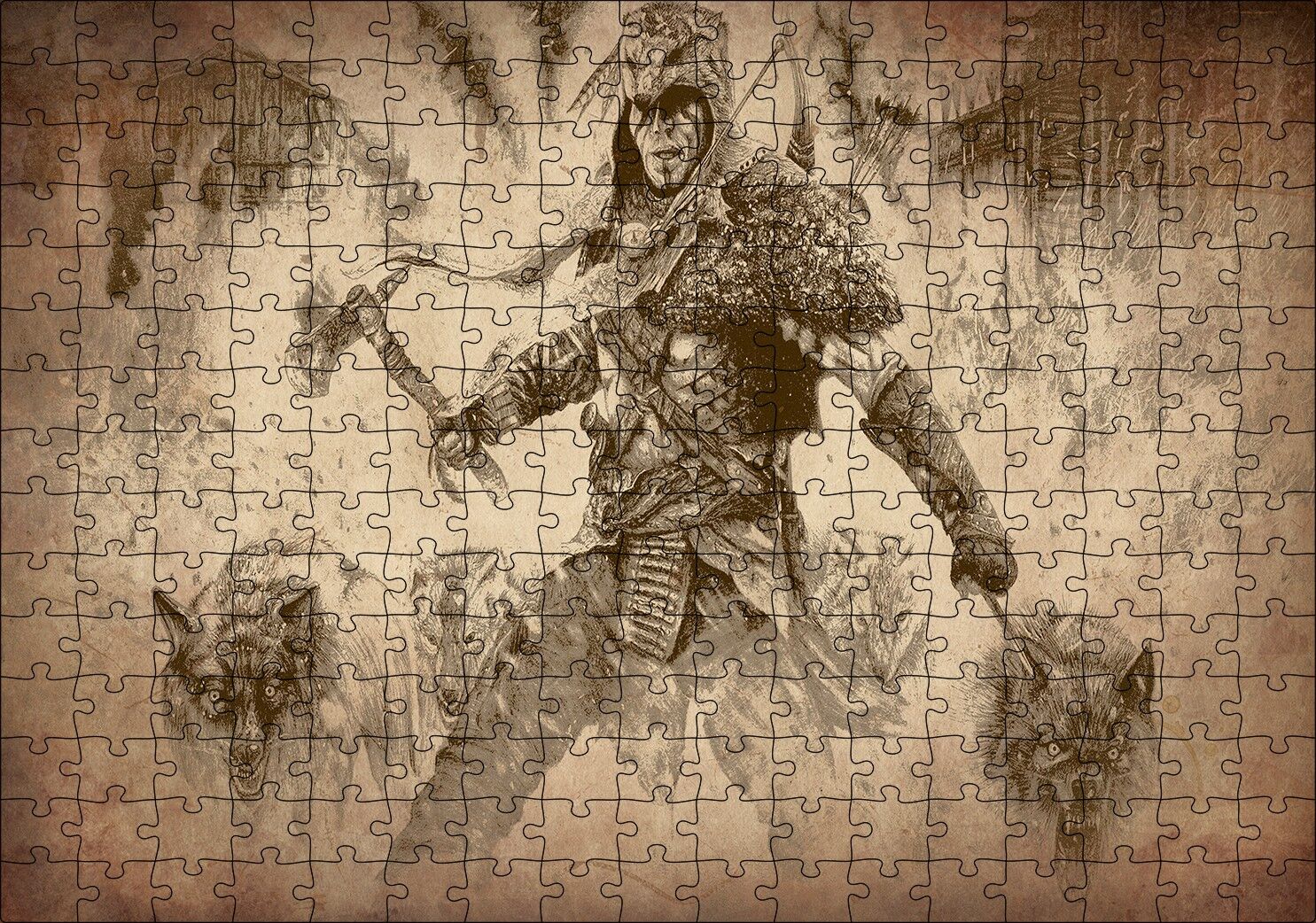 Baltalı Savaşçı ve Kurtları Puzzle Yapboz MDF Ahşap 255 Parça 34 cm X 49 cm