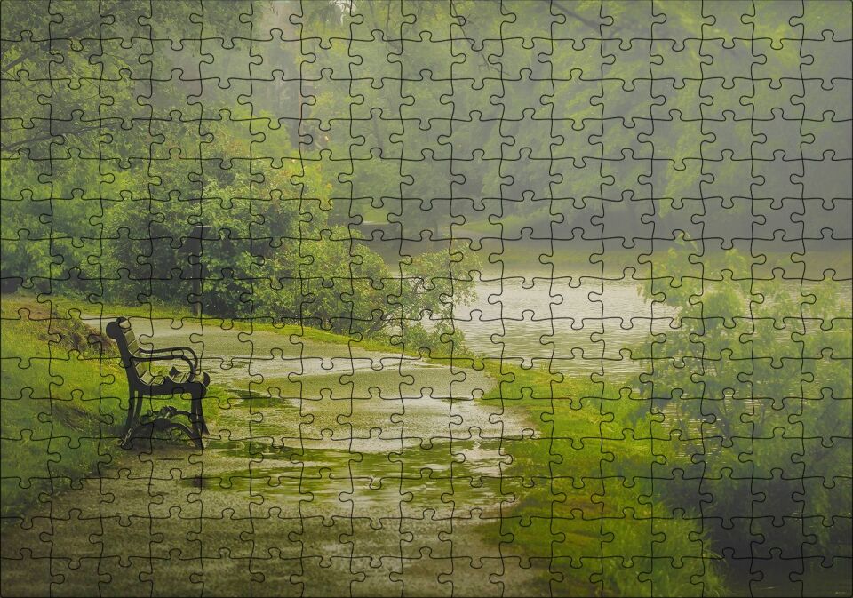 Yağmurda Yemyeşil Orman ve Boş Bank Puzzle Yapboz MDF Ahşap 255 Parça 34 cm X 49 cm