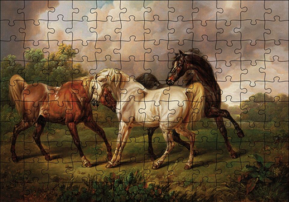 Dövüşen Kaslı Atlar Yağlı Boya Puzzle Yapboz MDF Ahşap