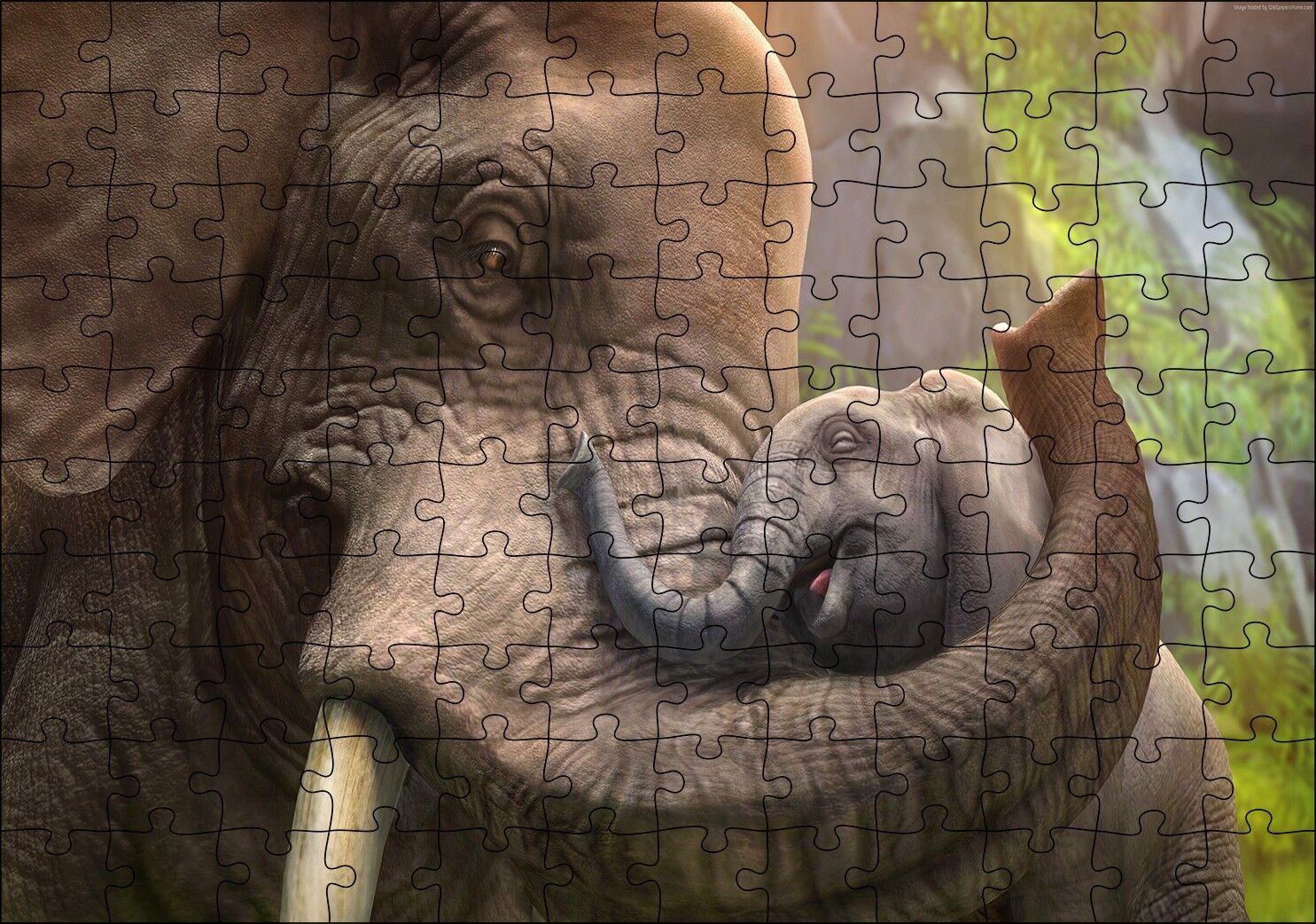 Anne Fil ve Mutlu Yavrusu Dijital Çizim Puzzle Yapboz MDF Ahşap