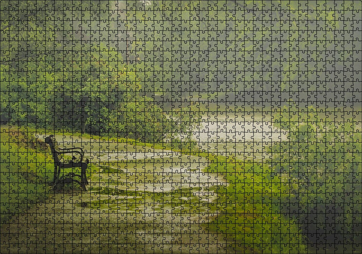 Yağmurda Yemyeşil Orman ve Boş Bank Puzzle Yapboz MDF Ahşap 1000 Parça 49 cm X 68 cm