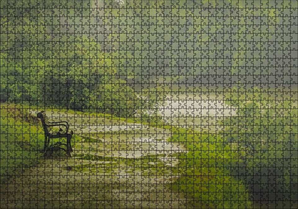 Yağmurda Yemyeşil Orman ve Boş Bank Puzzle Yapboz MDF Ahşap 1000 Parça 49 cm X 68 cm
