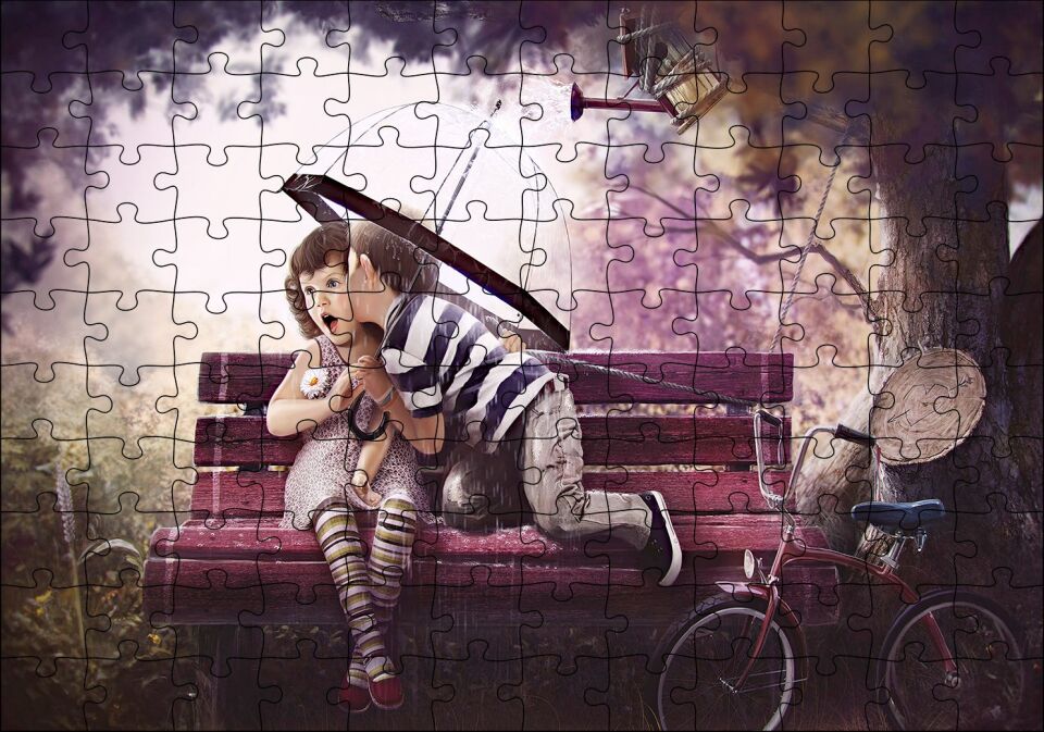 Bankta Kızı Öpen Şemsiyeli Çocuk Puzzle Yapboz MDF Ahşap 120 Parça 24 cm X 34 cm