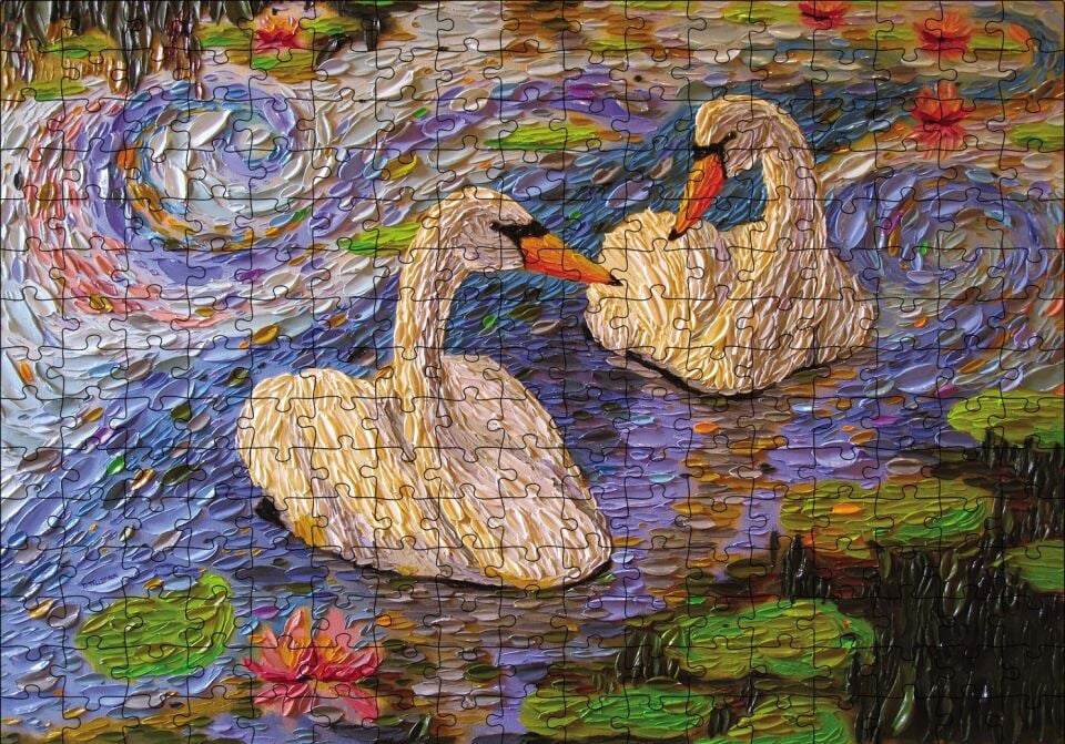 Aşık Kuğular Yağlı Boya Puzzle Yapboz MDF Ahşap 255 Parça 34 cm X 49 cm