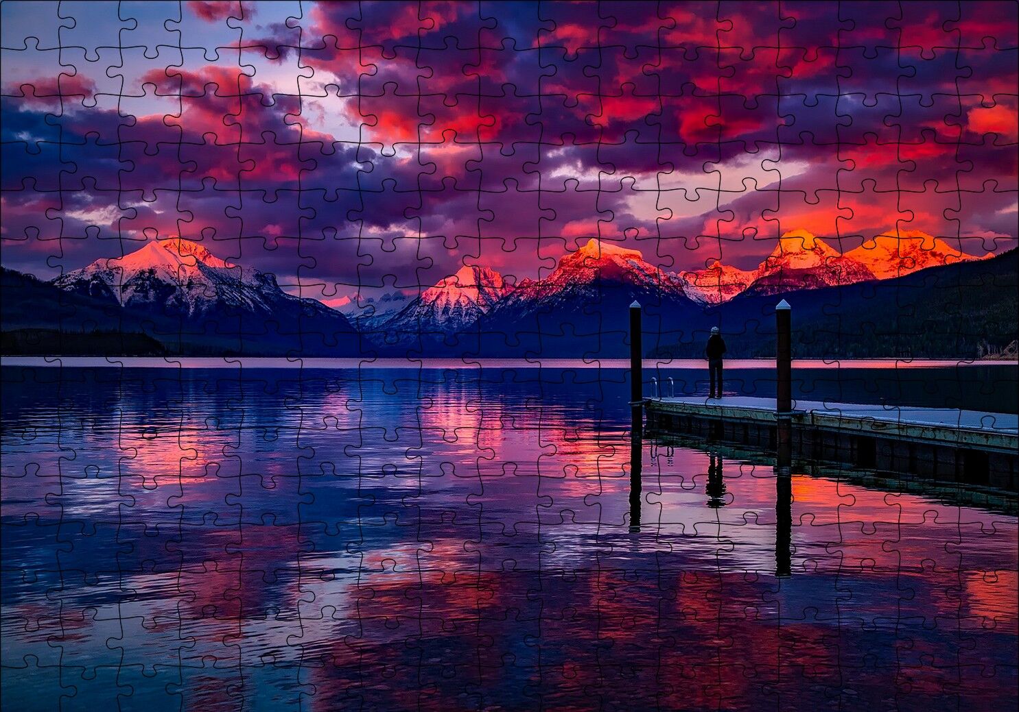 Mor Bulutlar, Gün Batımı, Göl ve İskeledeki Adam Puzzle Yapboz MDF Ahşap 255 Parça 34 cm X 49 cm