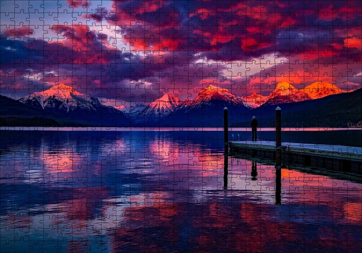 Mor Bulutlar, Gün Batımı, Göl ve İskeledeki Adam Puzzle Yapboz MDF Ahşap 500 Parça 49 cm X 68 cm