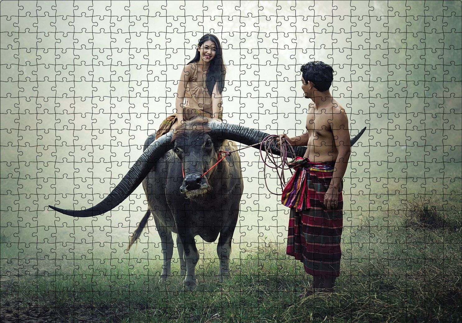 Boynuzlu Manda Genç Kız ve Erkek Puzzle Yapboz MDF Ahşap 500 Parça 49 cm X 68 cm