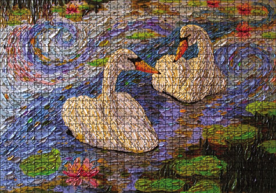 Aşık Kuğular Yağlı Boya Puzzle Yapboz MDF Ahşap 1000 Parça 49 cm X 68 cm