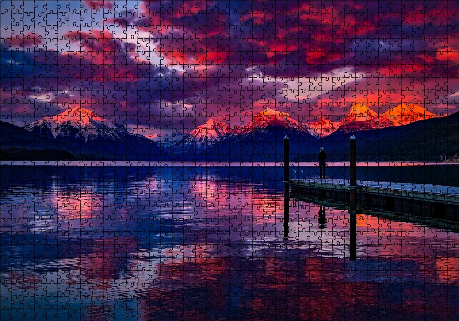 Mor Bulutlar, Gün Batımı, Göl ve İskeledeki Adam Puzzle Yapboz MDF Ahşap 1000 Parça 49 cm X 68 cm