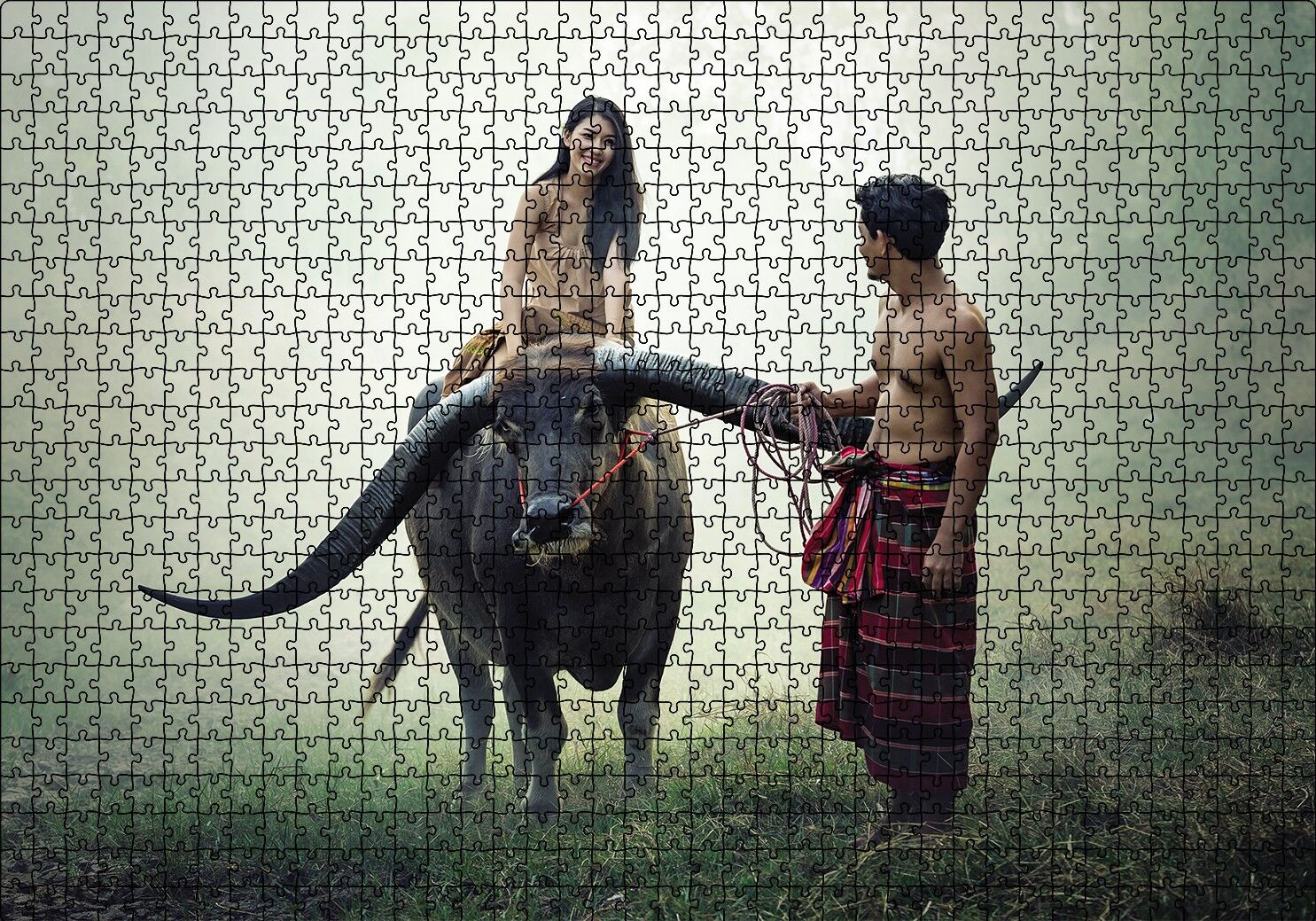 Boynuzlu Manda Genç Kız ve Erkek Puzzle Yapboz MDF Ahşap 1000 Parça 49 cm X 68 cm