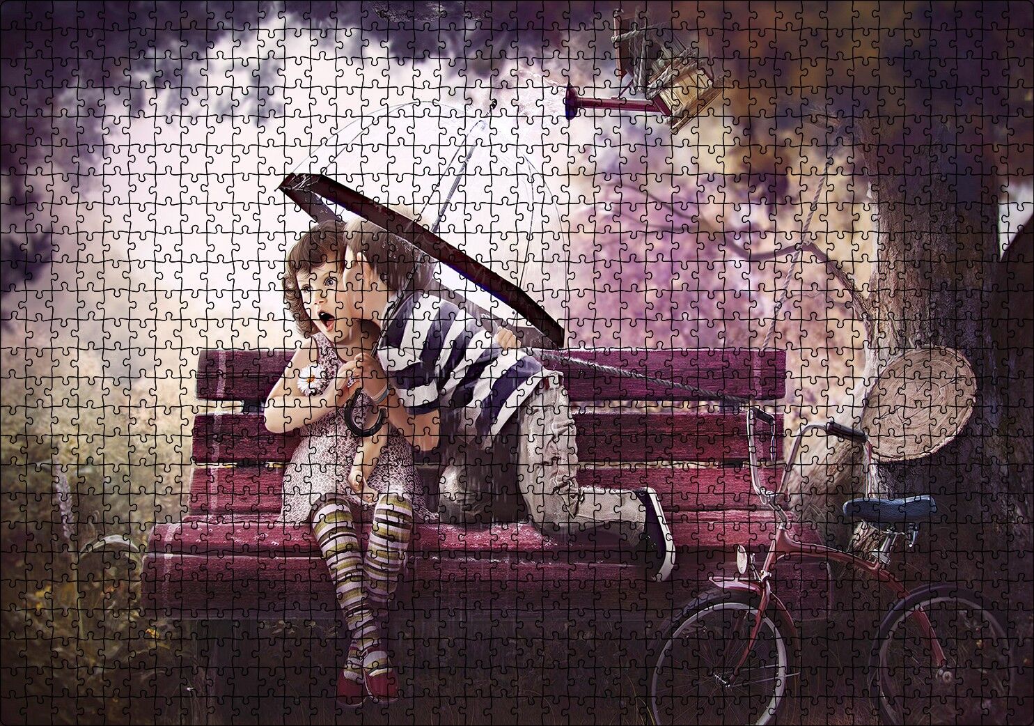 Bankta Kızı Öpen Şemsiyeli Çocuk Puzzle Yapboz MDF Ahşap 1000 Parça 49 cm X 68 cm