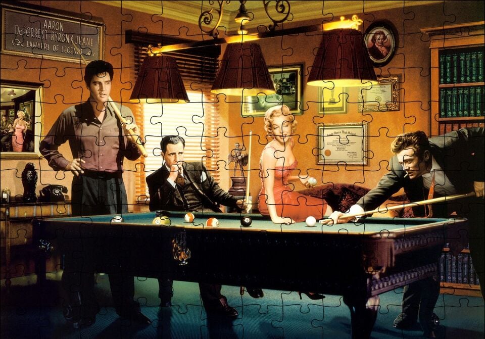 Elvis Clark Marilyn ve James Bilardo Masasında Puzzle Yapboz MDF Ahşap